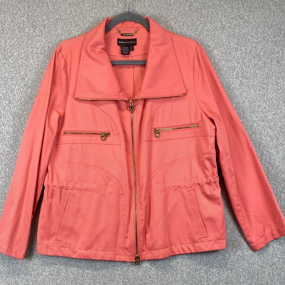 Dana Buchman coral pink anorak jacket size L two way zip cinching waist colorful